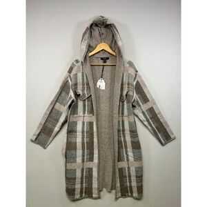 Cabincore Love Ever After Women XL Grey Plaid Hooded Longline Open Cardigan Cozy